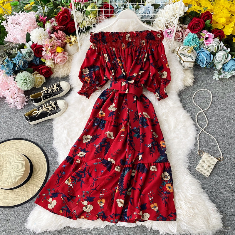 Vintage Dress, Boho Midi Dress, Dress, Off Shoulder Dress, Poppy in Blue and Red