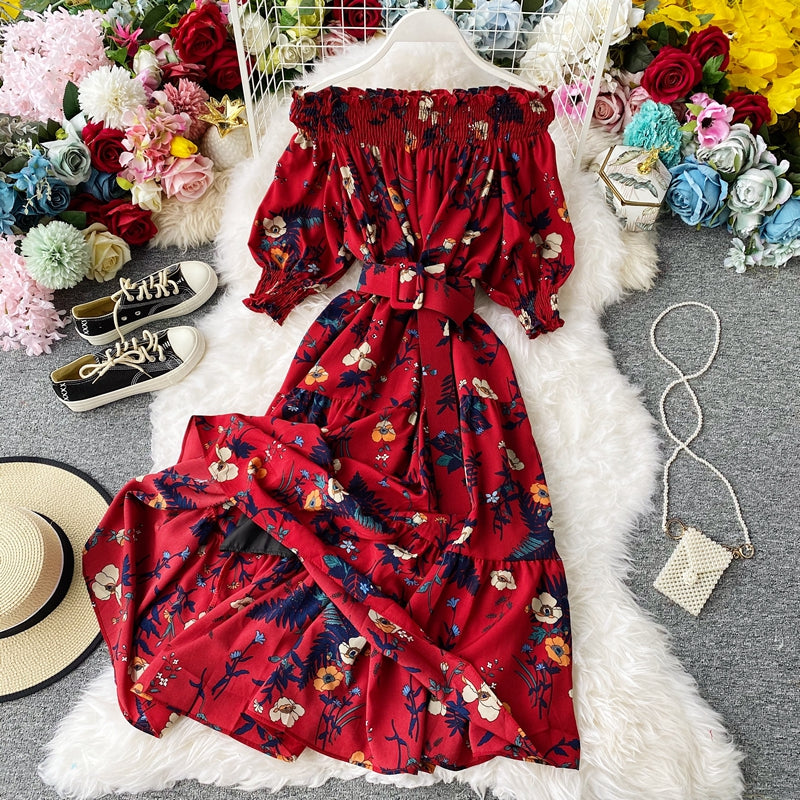 Vintage Dress, Boho Midi Dress, Dress, Off Shoulder Dress, Poppy in Blue and Red