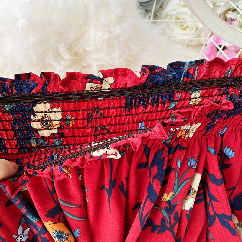 Vintage Dress, Boho Midi Dress, Dress, Off Shoulder Dress, Poppy in Blue and Red
