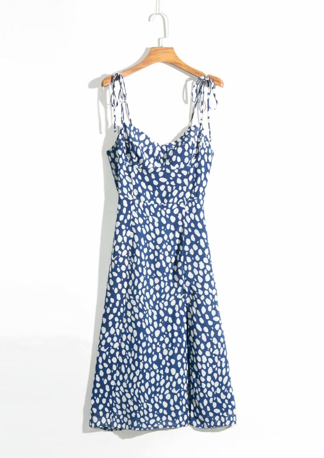 Boho Midi Dress, Strappy Sundress, Blue white  Ink