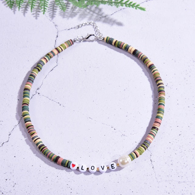 Boho Personalized Custom Necklace, Clay Bead  Choker, Love Lucky Happy