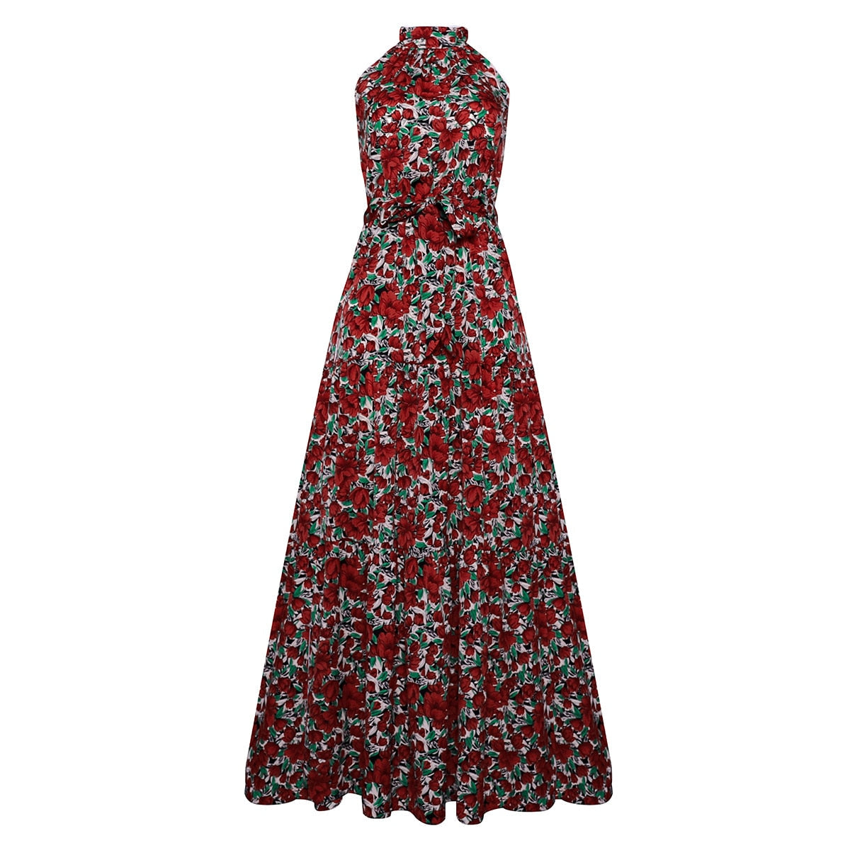 Boho Maxi Dress, Halter Dress, Meadowsweet in Red Tulip