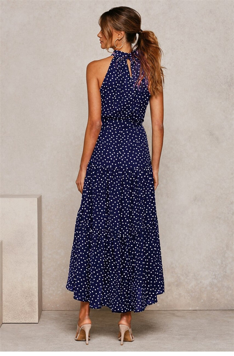 Boho Maxi Dress, Halter Dress, Meadowsweet, Polka Dot in Navy Blue