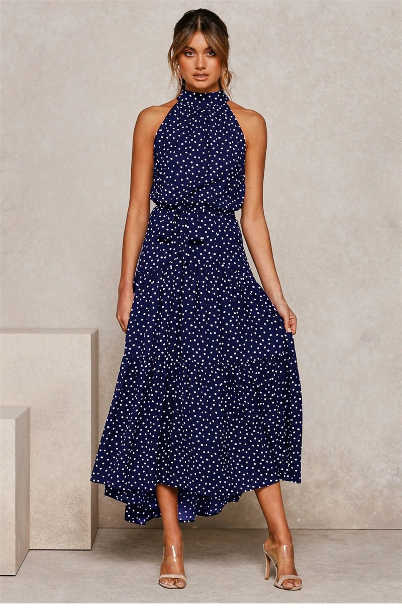 Boho Maxi Dress, Halter Dress, Meadowsweet, Polka Dot in Navy Blue