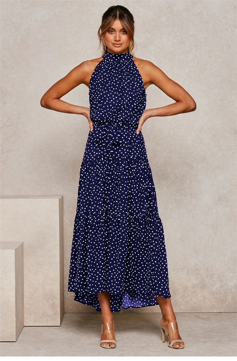 Boho Maxi Dress, Halter Dress, Meadowsweet, Polka Dot in Navy Blue