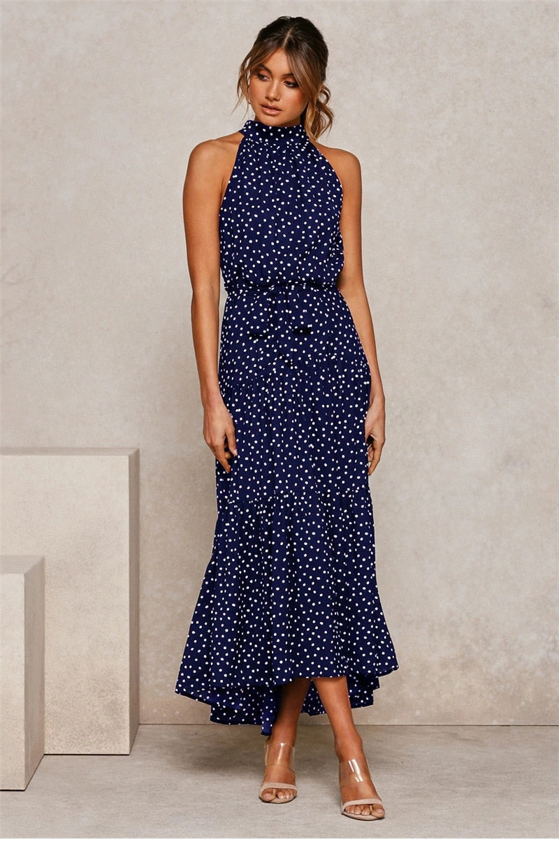 Boho Maxi Dress, Halter Dress, Meadowsweet, Polka Dot in Navy Blue