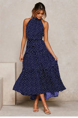 Boho Maxi Dress, Halter Dress, Meadowsweet, Polka Dot in Navy Blue
