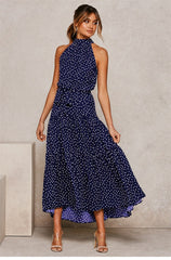 Boho Maxi Dress, Halter Dress, Meadowsweet, Polka Dot in Navy Blue