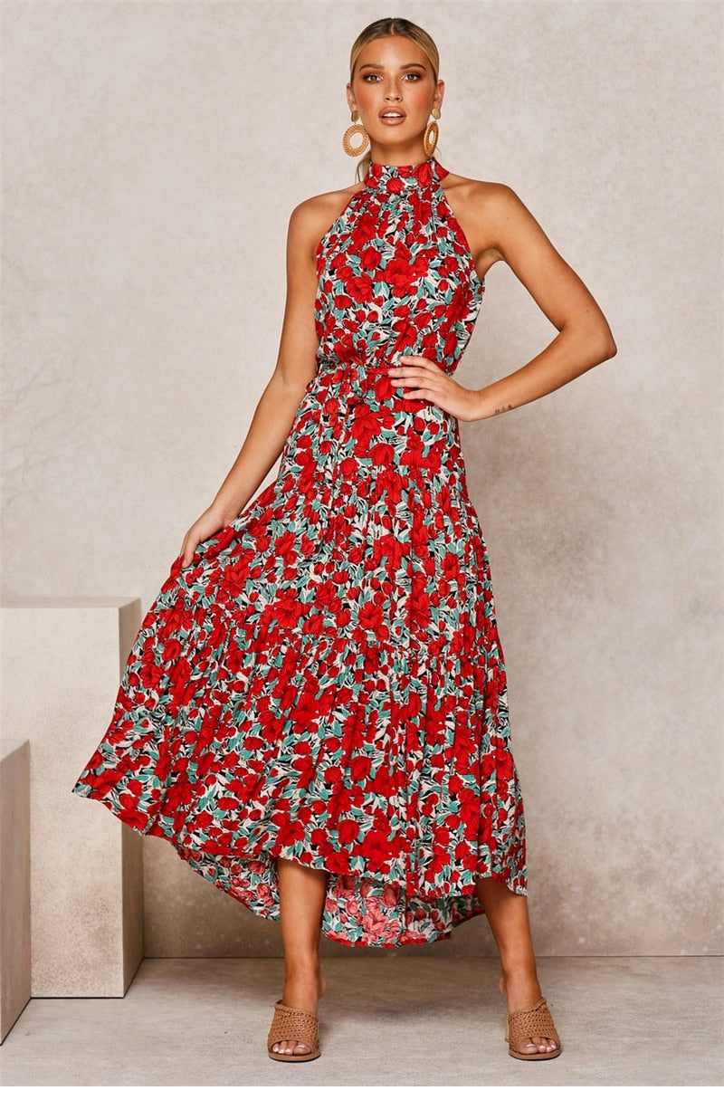 Boho Maxi Dress, Halter Dress, Meadowsweet in Red Tulip