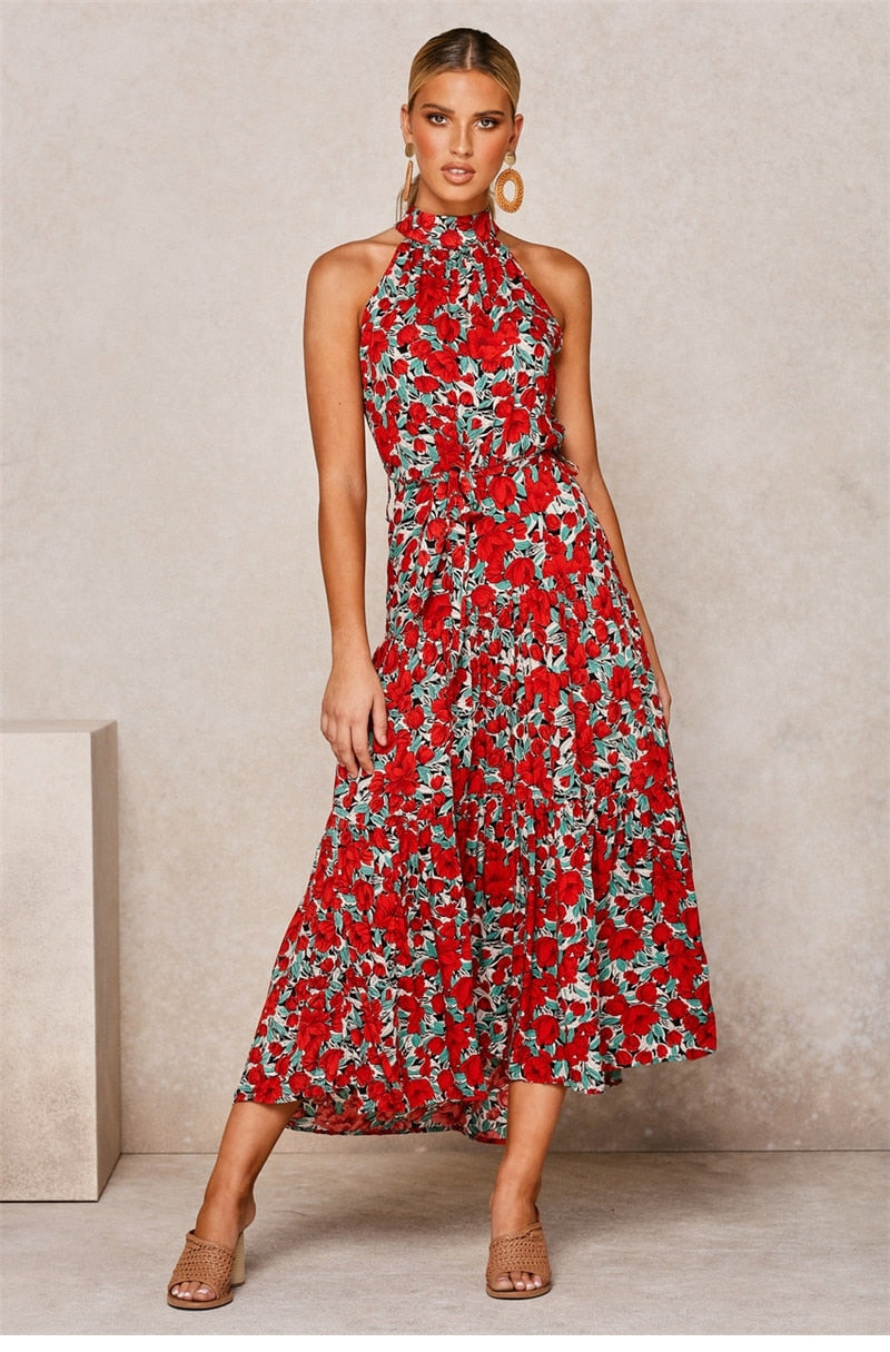 Boho Maxi Dress, Halter Dress, Meadowsweet in Red Tulip