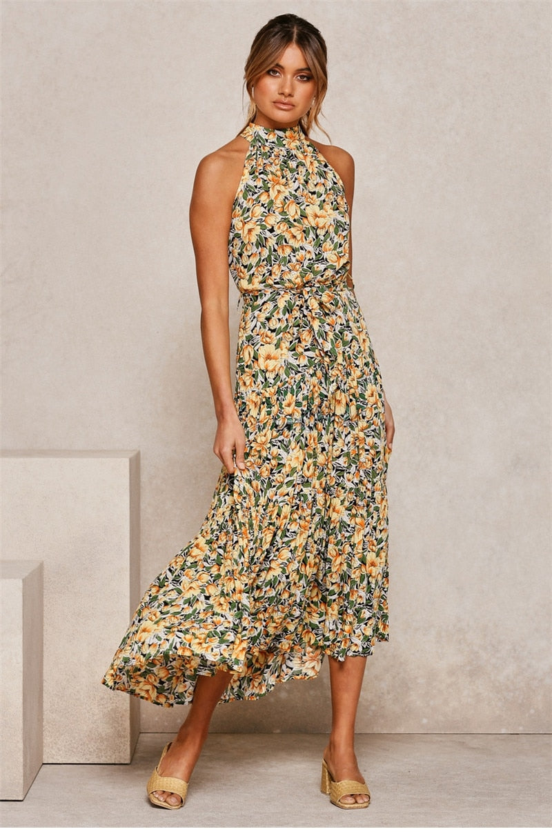 Boho Maxi Dress, Halter Dress, Meadowsweet in Yellow Tulip