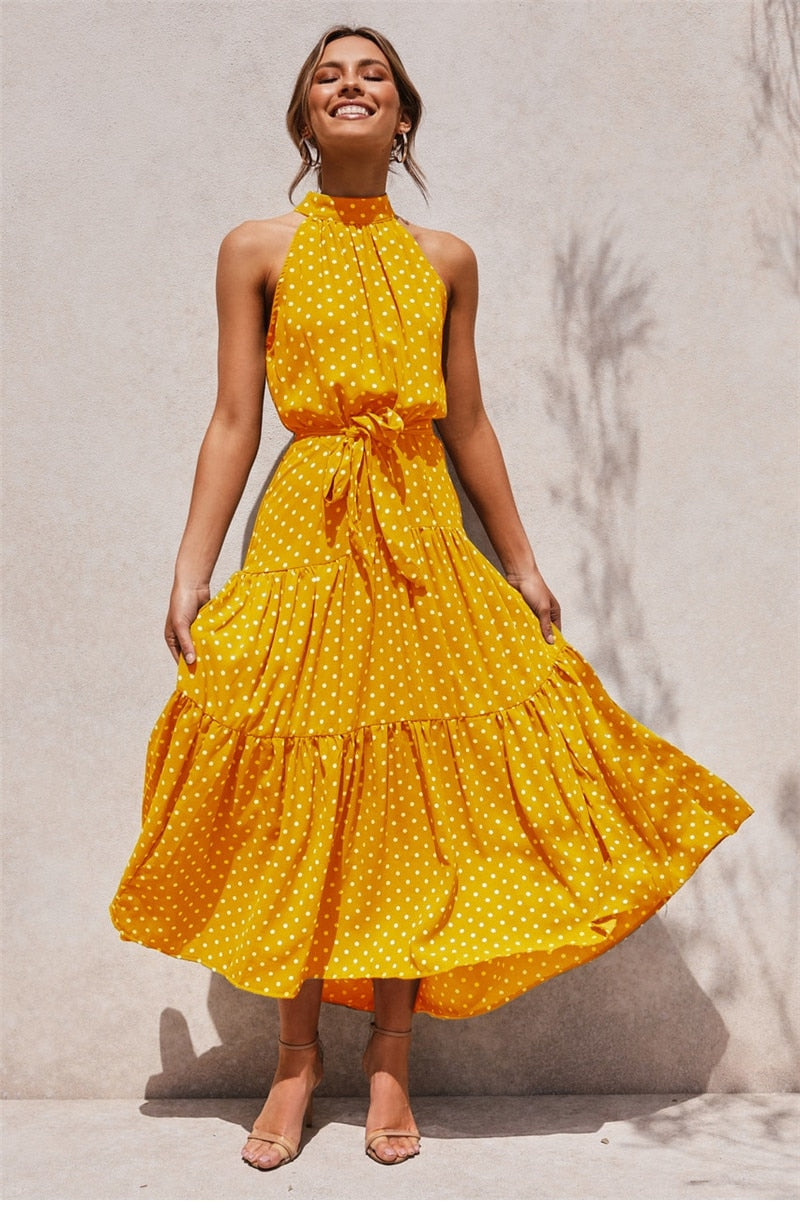 Boho Maxi Dress, Halter Dress, Meadowsweet, Polka Dot in Yellow