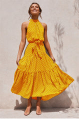 Boho Maxi Dress, Halter Dress, Meadowsweet, Polka Dot in Yellow