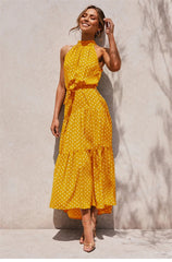 Boho Maxi Dress, Halter Dress, Meadowsweet, Polka Dot in Yellow