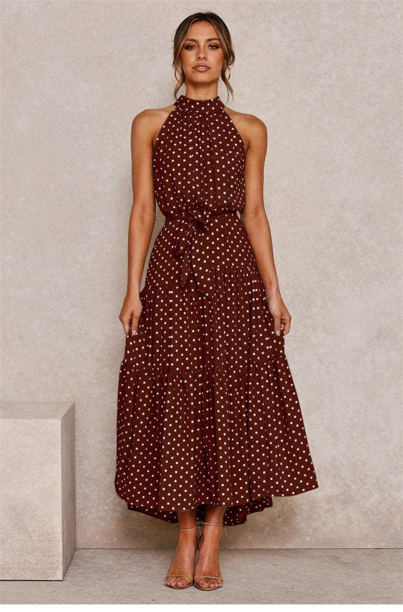 Boho Maxi Dress,  Halter Dress, Meadowsweet, Polka Dot in Brown