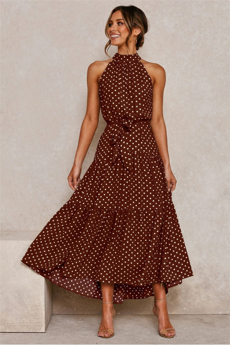 Boho Maxi Dress,  Halter Dress, Meadowsweet, Polka Dot in Brown