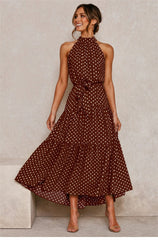 Boho Maxi Dress,  Halter Dress, Meadowsweet, Polka Dot in Brown