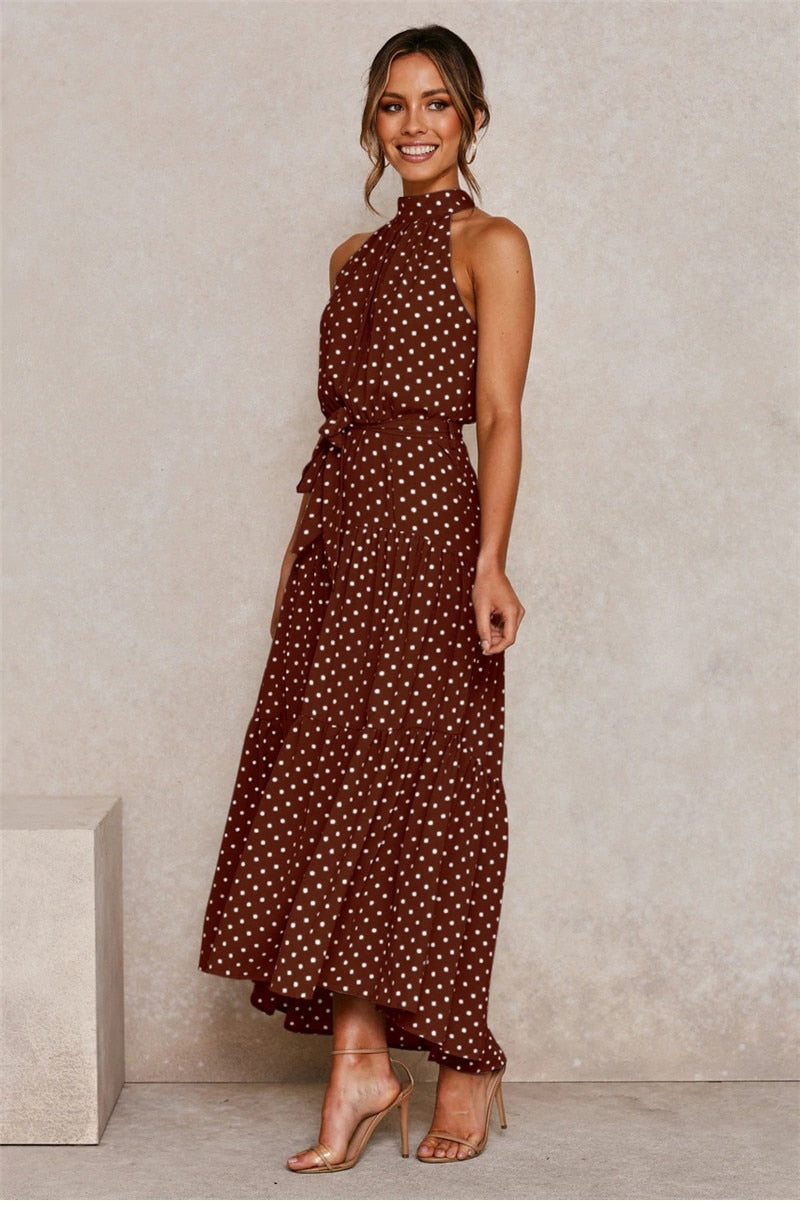 Boho Maxi Dress,  Halter Dress, Meadowsweet, Polka Dot in Brown