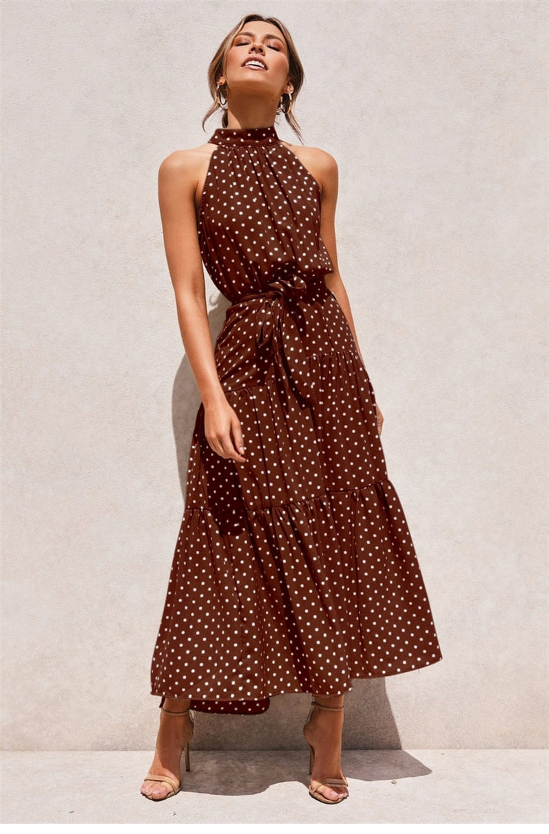 Boho Maxi Dress,  Halter Dress, Meadowsweet, Polka Dot in Brown