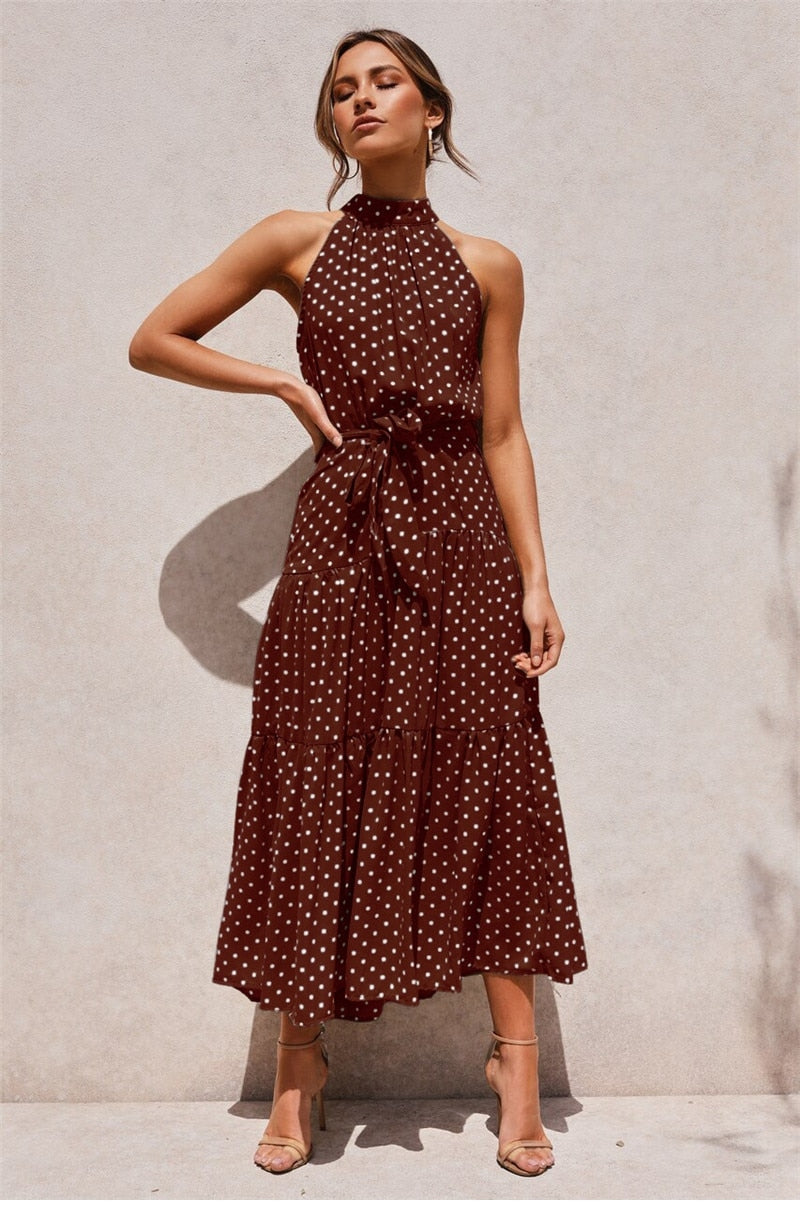 Boho Maxi Dress,  Halter Dress, Meadowsweet, Polka Dot in Brown