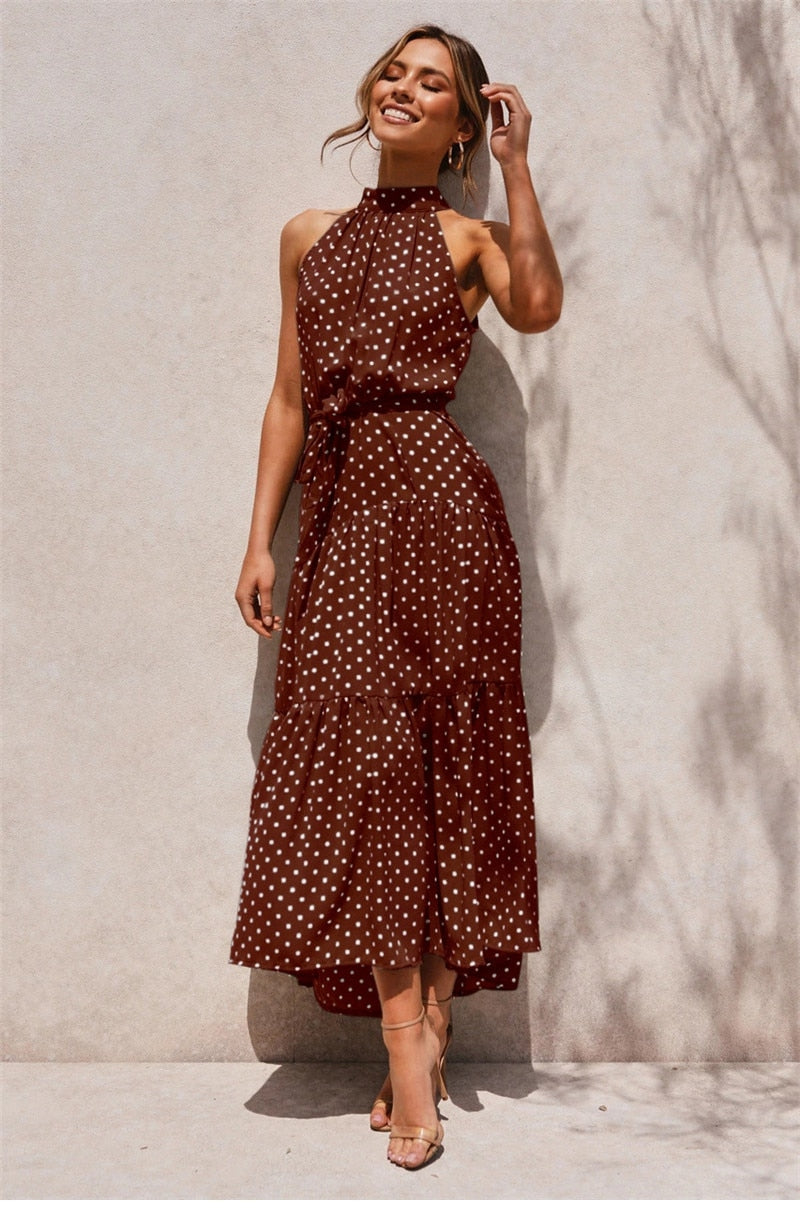 Boho Maxi Dress,  Halter Dress, Meadowsweet, Polka Dot in Brown