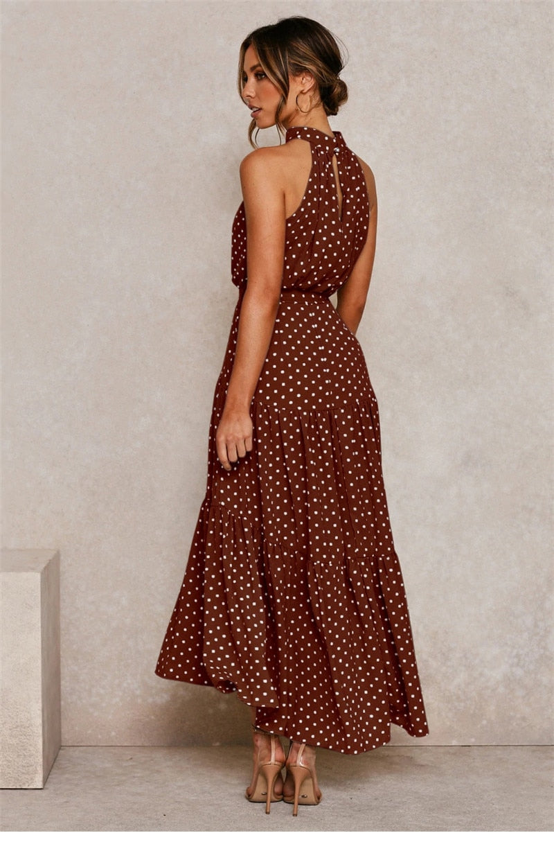 Boho Maxi Dress,  Halter Dress, Meadowsweet, Polka Dot in Brown