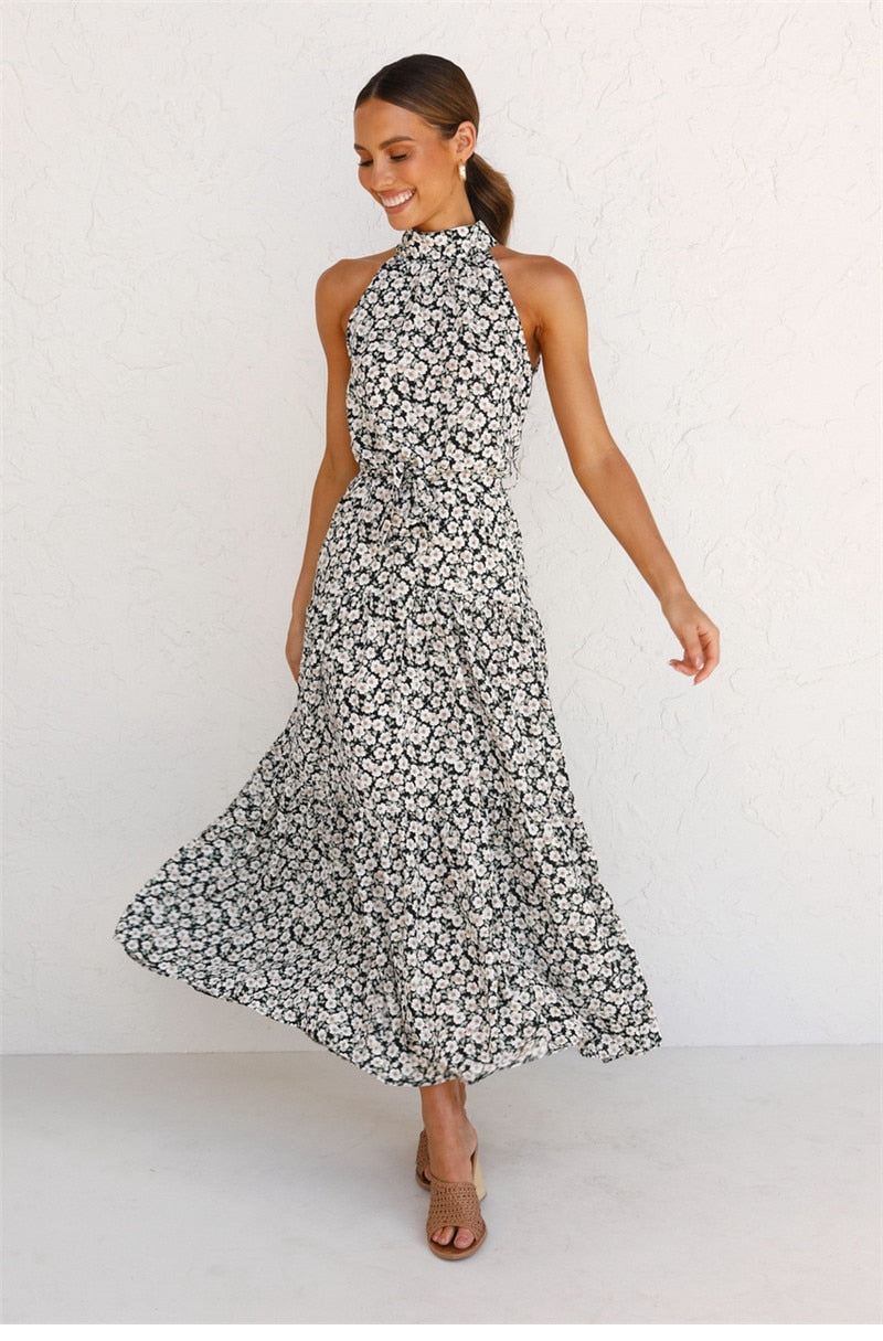 Boho Maxi Dress, Halter Dress, Meadowsweet, Black Daisy