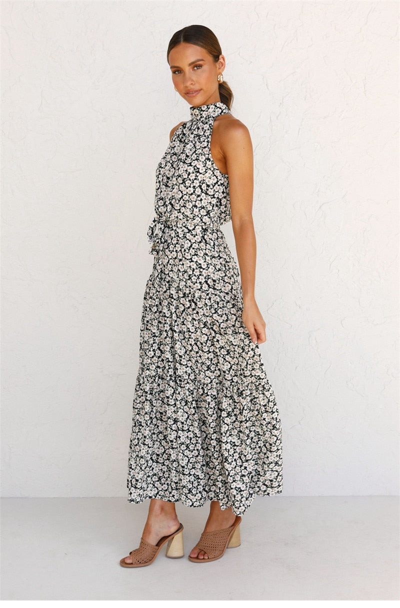 Boho Maxi Dress, Halter Dress, Meadowsweet, Black Daisy