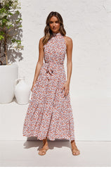 Boho Maxi Dress, Halter Dress, Meadowsweet in Pink Daisy