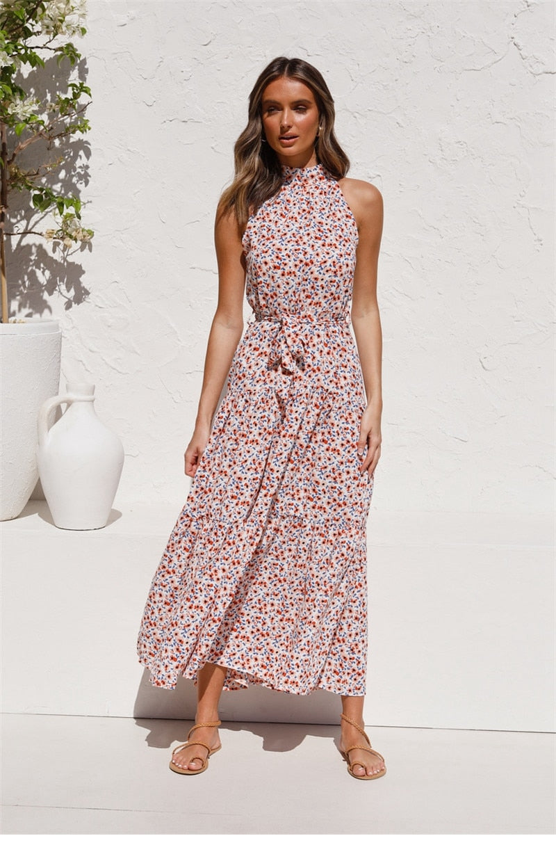 Boho Maxi Dress, Halter Dress, Meadowsweet in Pink Daisy