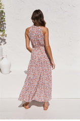 Boho Maxi Dress, Halter Dress, Meadowsweet in Pink Daisy