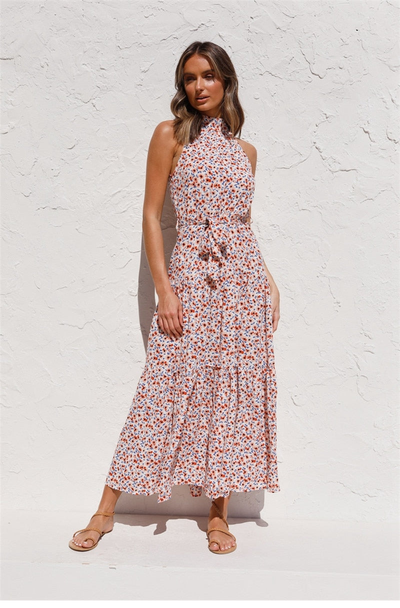 Boho Maxi Dress, Halter Dress, Meadowsweet in Pink Daisy