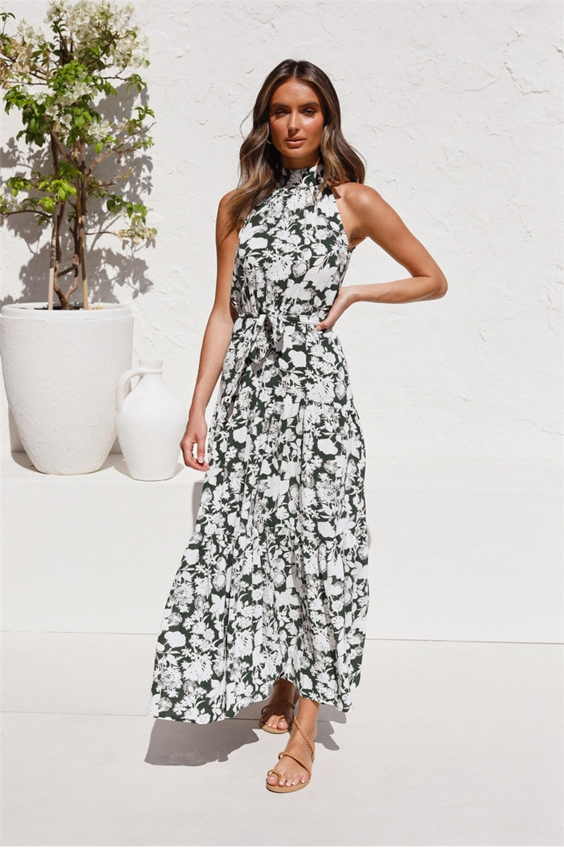 Boho Maxi Dress, Halter Dress, Meadowsweet in Black Hibiscus