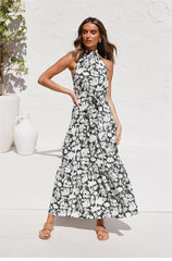 Boho Maxi Dress, Halter Dress, Meadowsweet in Black Hibiscus