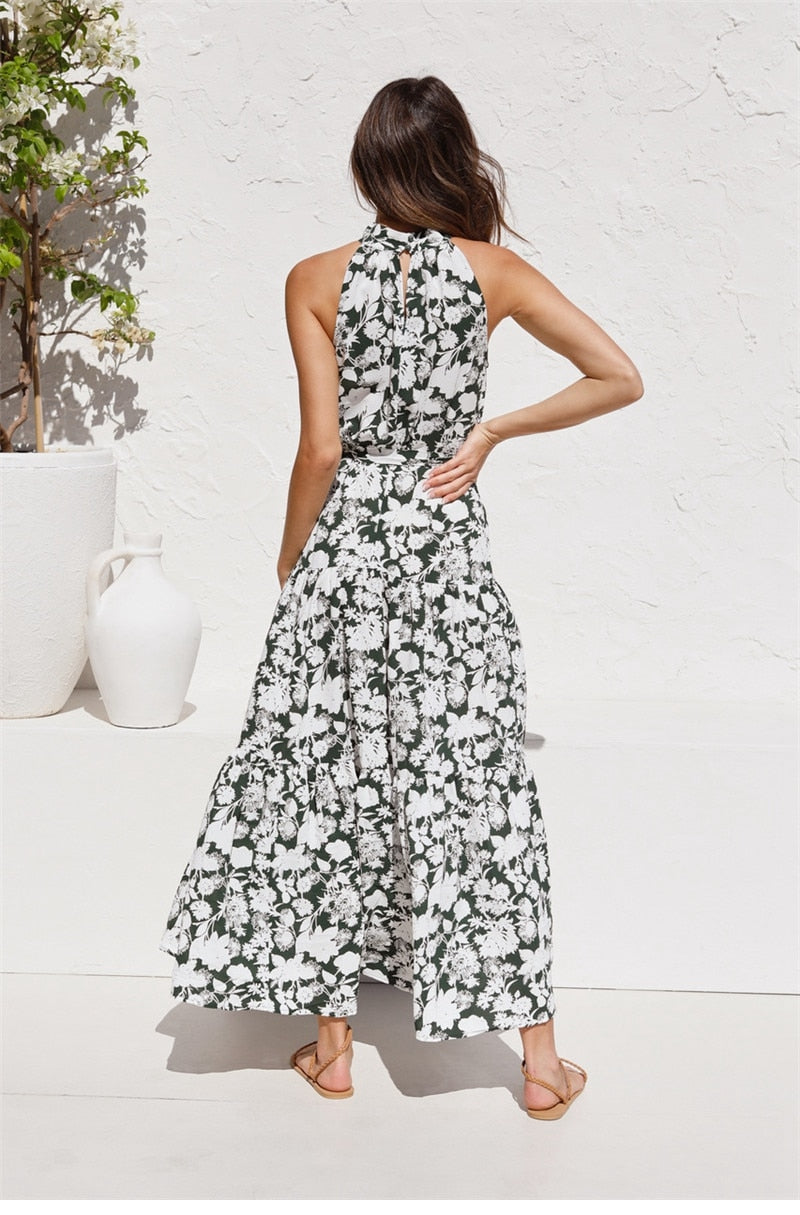 Boho Maxi Dress, Halter Dress, Meadowsweet in Black Hibiscus