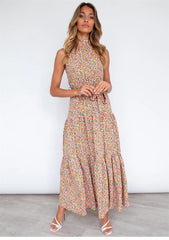 Boho Maxi Dress, Halter Dress, Meadowsweet in Pink Ltittle Flower