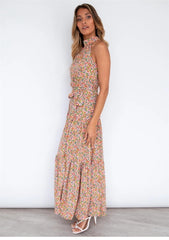 Boho Maxi Dress, Halter Dress, Meadowsweet in Pink Ltittle Flower