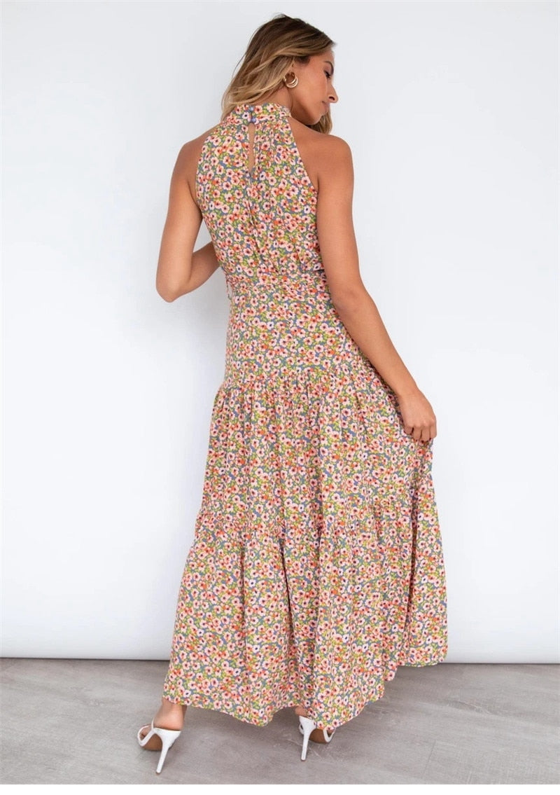 Boho Maxi Dress, Halter Dress, Meadowsweet in Pink Ltittle Flower