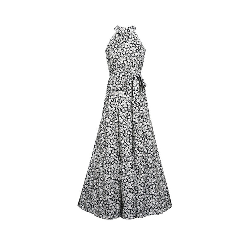 Boho Maxi Dress, Halter Dress, Meadowsweet, Black Daisy
