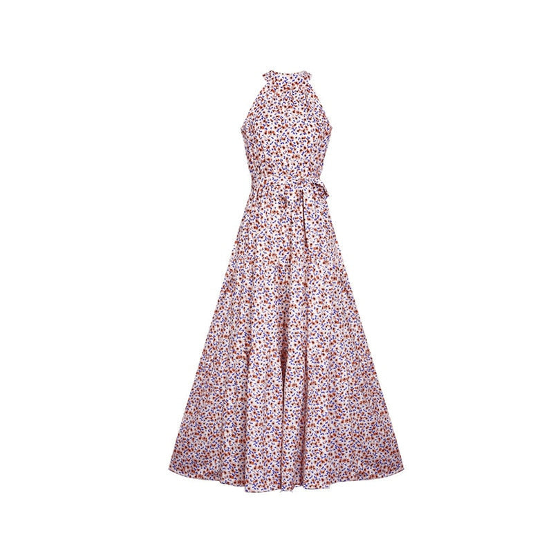 Boho Maxi Dress, Halter Dress, Meadowsweet in Pink Daisy