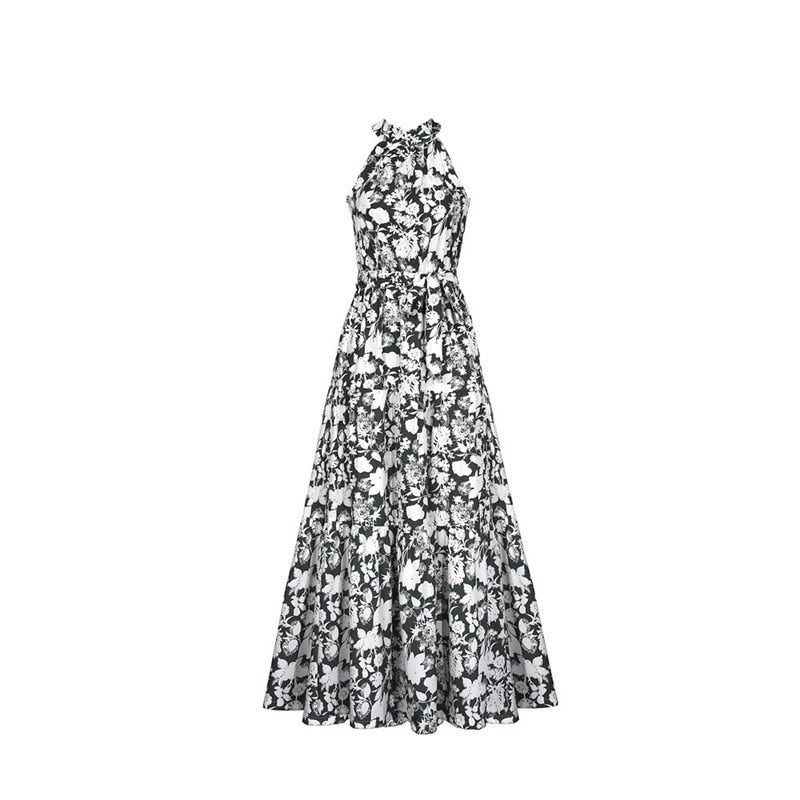 Boho Maxi Dress, Halter Dress, Meadowsweet in Black Hibiscus