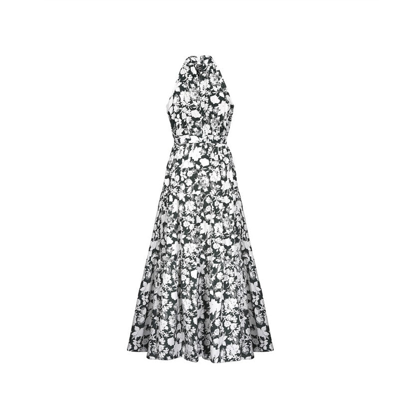 Boho Maxi Dress, Halter Dress, Meadowsweet in Black Hibiscus