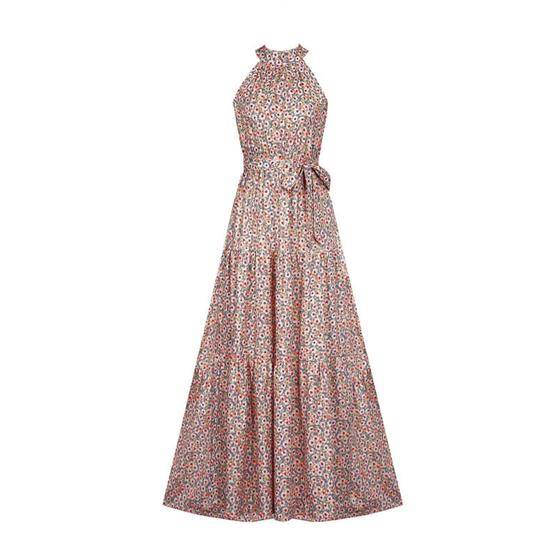 Boho Maxi Dress, Halter Dress, Meadowsweet in Pink Ltittle Flower