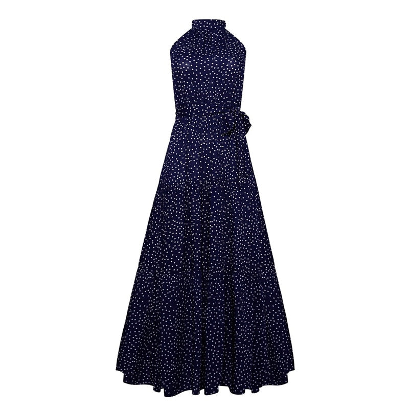 Boho Maxi Dress, Halter Dress, Meadowsweet, Polka Dot in Navy Blue