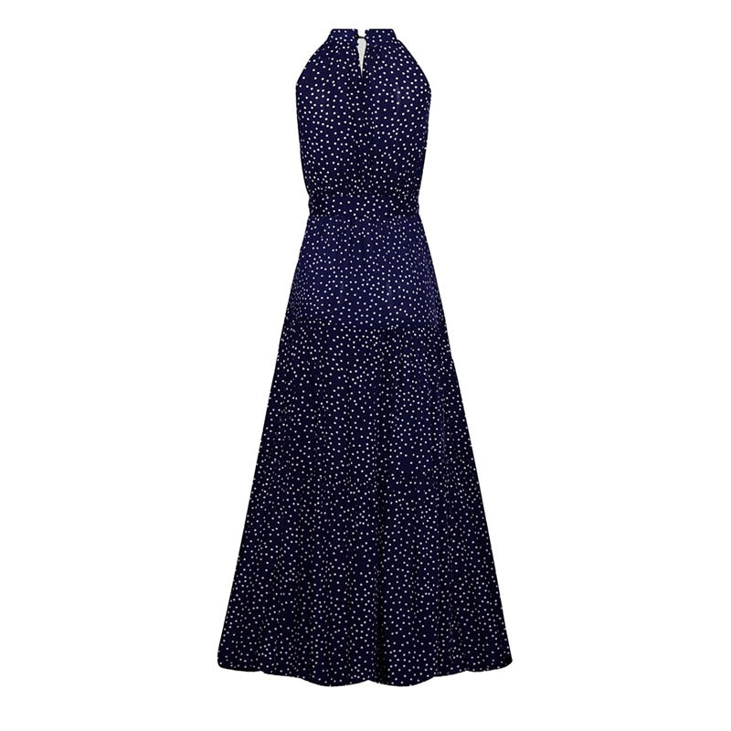 Boho Maxi Dress, Halter Dress, Meadowsweet, Polka Dot in Navy Blue