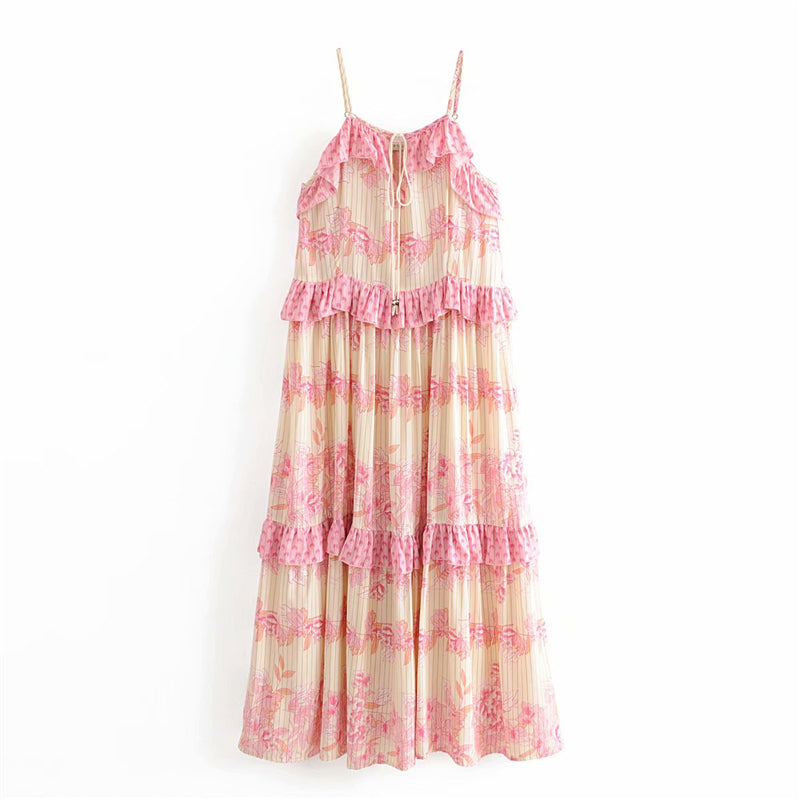 Boho Maxi Dress, Strappy, Delanry in Rosy Pink and Gold