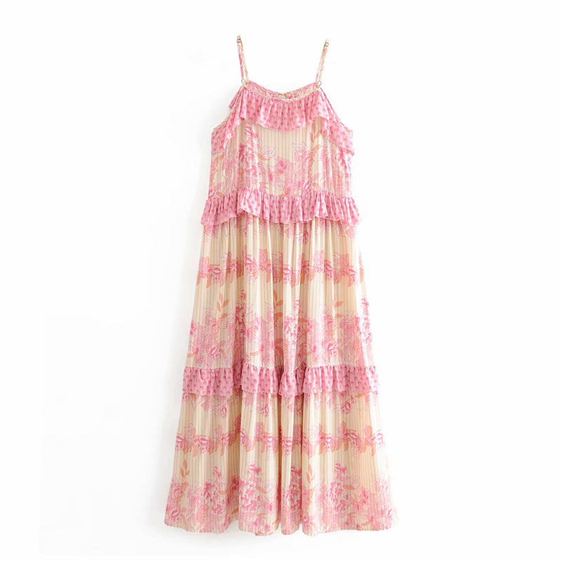 Boho Maxi Dress, Strappy, Delanry in Rosy Pink and Gold
