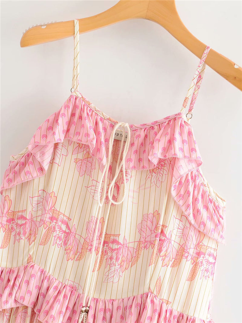 Boho Maxi Dress, Strappy, Delanry in Rosy Pink and Gold