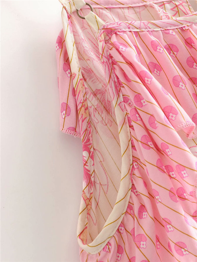 Boho Maxi Dress, Strappy, Delanry in Rosy Pink and Gold
