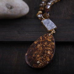 Boho Necklace, RH Agated Crystal Blue Oval Natural Stone